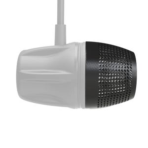 May include: A submersible pump featuring a white body and a black, perforated end. The pump has a cylindrical shape and a grey cable extending from the top. The black end has a textured pattern.