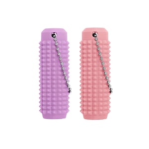 May include: Two cylindrical, textured keychains. One is lavender, the other is pink. Each has a studded surface and a silver chain with a small ball at the end. The keychains are shown against a white background.