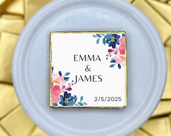 50 Chocolate Favors, Personalized Wedding Chocolates, Custom Floral Design, Names and Date, Engagement Edible Gifts, Keepsake for Weddings