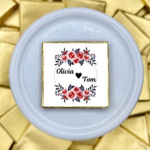50 pc Chocolate Favors, Custom Names & Date, Elegant Guest Gift, Floral Wedding Chocolate Favors, Red Rose Edible Favor, Bridal Shower Treat