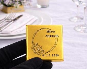 50 Chocolate Wedding Favors, Custom Name and Date Chocolate, Personalized Gold Foil Wedding Favor, Gold Shine Edible, Customized Event Gifts