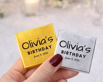 50 Personalized Birthday Chocolate Favors, Custom Name & Date Chocolate, Edible Party Favor Gift, Elegant Gold Birthday Gifts, for Guests