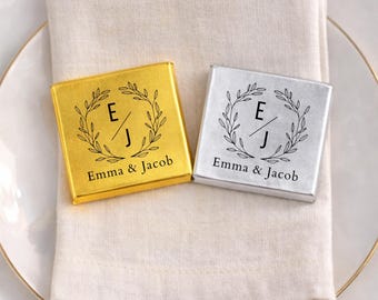 50 Custom Wedding Chocolate Favors, Personalized Gold and Silver Chocolate Wedding Favors, Custom Monogram Chocolates, Name & Initials Gifts