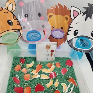 動物園の動物に餌をあげよう、数えアクティビティ、感覚ビンゲーム、幼児・就学前児童向け学習、デジタルダウンロード