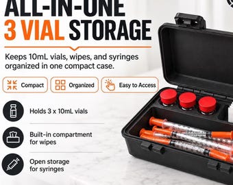 Rugged 10ml Vial Storage Case, 3-Slot Syringe & Prep Wipe Organizer