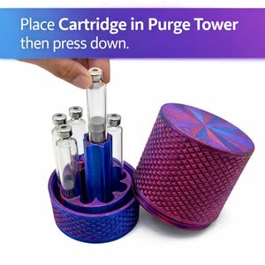 How to remove air from injection cartridges using purge tower, cartridge pressed into center purge tower of compact cartridge organizer case designed for safe storage and preparation