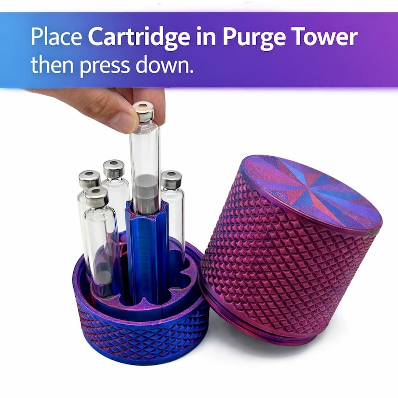 How to remove air from injection cartridges using purge tower, cartridge pressed into center purge tower of compact cartridge organizer case designed for safe storage and preparation