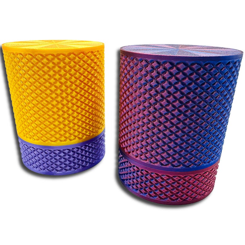 Two closed knurled screw-top storage containers for GLP-1, peptide, and insulin pen cartridges, shown in vibrant yellow/purple and blue/pink color combinations.