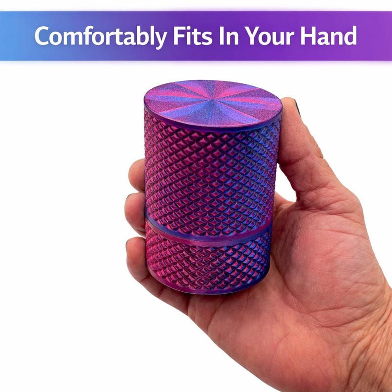 Hand holding compact injection cartridge storage case showing pocket size portability, textured grip container designed for discreet and organized cartridge storage
