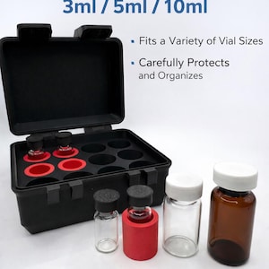 May include: Black storage case with the text "Securely Holds Vials 3ml / 5ml / 10ml". The case is open, revealing red inserts and several vials. The image also shows various vials and icons for protection, organisation, and convenience.