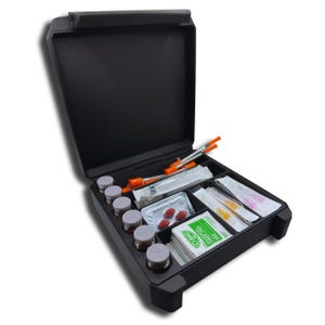May include: A black, open medical kit containing vials, syringes, needles, and alcohol prep pads. The kit is rectangular with a hinged lid and multiple compartments for organization. The contents are neatly arranged within the case.