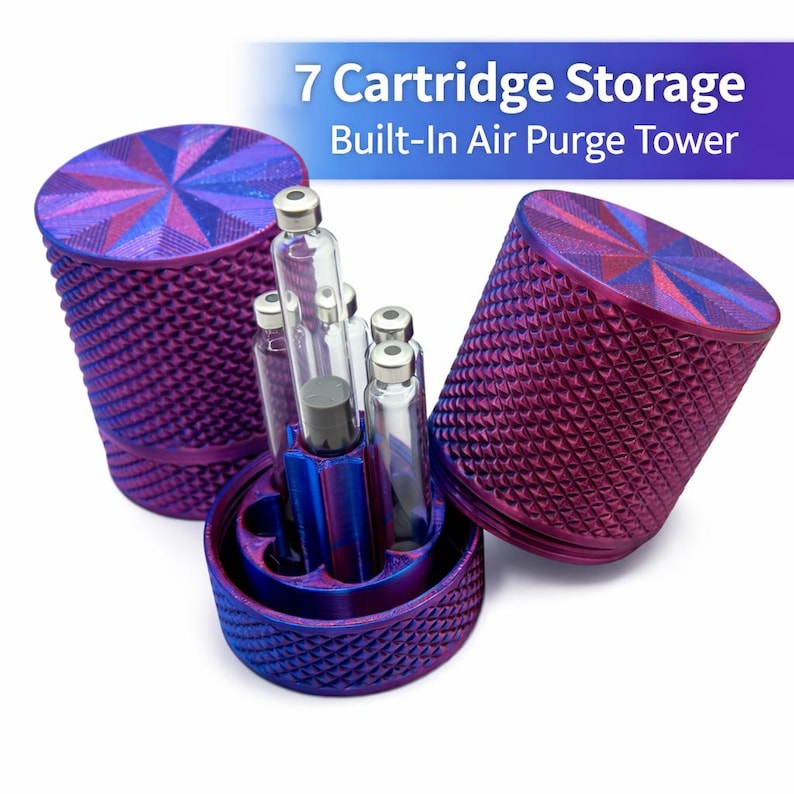 7 cartridge storage case with built-in air purge tower, compact organizer for injection cartridges and vials, textured screw top storage container for secure travel and organized cartridge storage