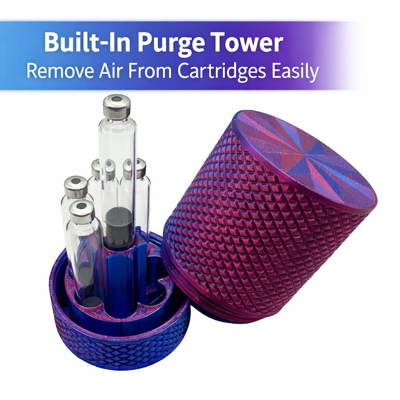 Injection cartridge storage organizer with built-in purge tower for removing air from cartridges, compact screw lid storage container holding seven cartridges with textured grip design