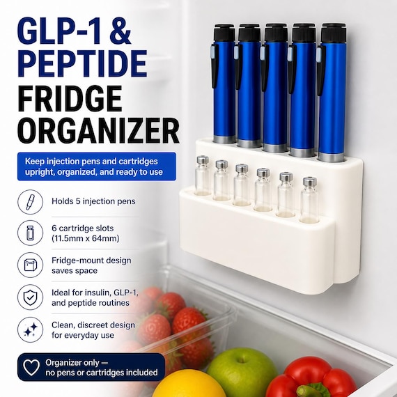 GLP-1 Peptide Fridge Organizer – Holds 5 Pens, 6 Cartridges, Insulin Compatible