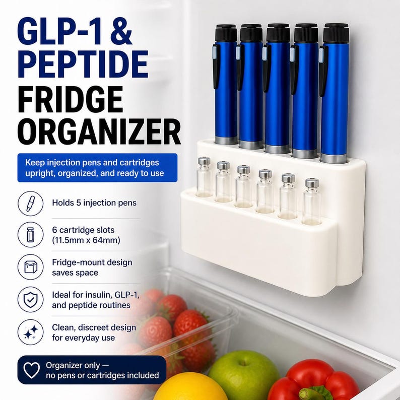 GLP-1 and peptide fridge organizer holding injection pens and cartridge vials, wall mounted insulin pen holder inside refrigerator, space saving cold storage solution for keeping medication supplies upright, organized, and easy to access for daily routines