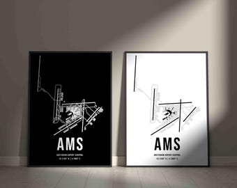 Kaartdiagram Amsterdam Airport Schiphol poster | Gedetailleerde print | Premium luchtvaartdecoratie | Luchtvaartcadeau voor reizigers