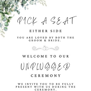 Eucalyptus, Pick A Seat Wedding Sign, Ceremony Sign, Unplugged Ceremony Sign, Eucalyptus Sign, Wedding Sign, Pick A Seat Either Side. 18x24.
