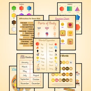 Paquete de aprendizaje para niños, hojas de trabajo imprimibles para preescolar, arte digital para la pared de la habitación infantil, paquete de impresiones para niños, póster para niños, divertido, formas y colores ABC 123