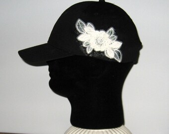 Hats for cancer patients. Hat with lace flowers.