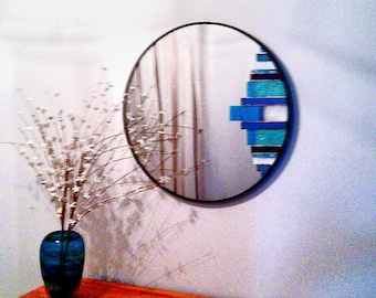 Stained Glass Mirror; Round Decorative Wall Mirror; Abstract Art Mirror for Hallways, Entryways, Bathrooms, Bedrooms. Art Deco Blue Mirror.