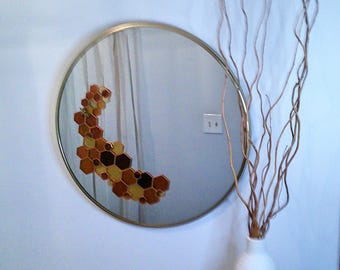Stained Glass Mirror; Round Decorative Wall Mirror; for Hallways, Entryways, Bathrooms, Bedrooms. Honeycomb with brass bees.