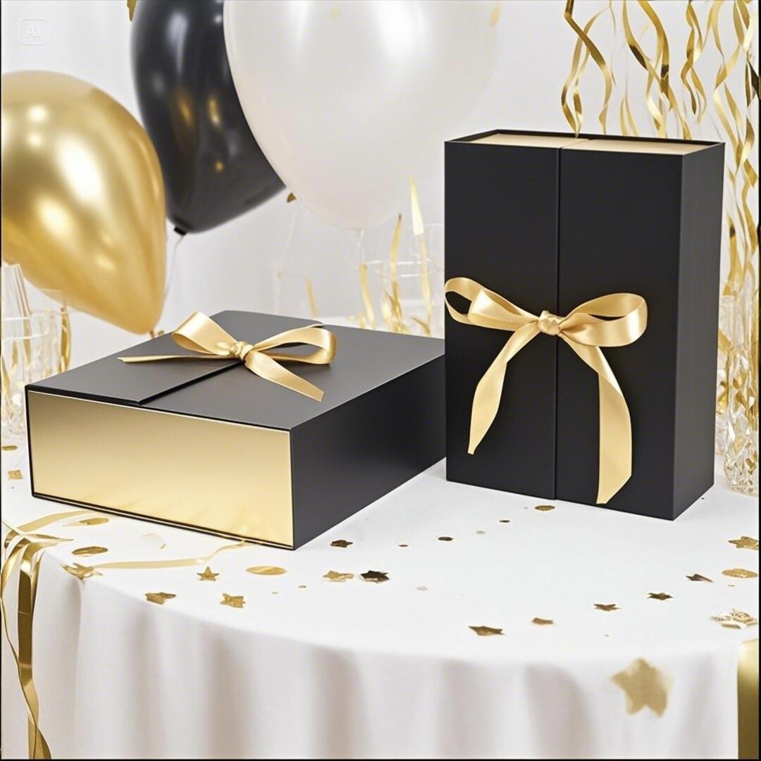 Custom Black & Gold Double Door Magnetic Gift Box With Bow - Etsy