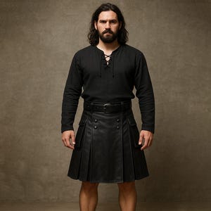 Custom Black Leather Gladiator Kilt for Men | Men&#39;s Leather Skirt | Black Leather Warrior Kilt | Custom Fit Leather Kilt