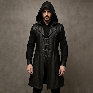 Custom Made Black Leather Halloween Long Vest | Gothic Sleeveless Hooded Trench | Medieval Cosplay Leather Jacket