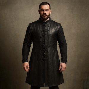 Custom Black Leather Medieval Long Vest | Men&#39;s Sleeveless Coat | Black Leather Classic Jacket Fantasy Attire