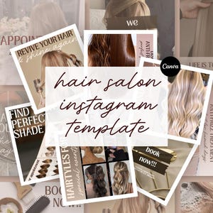 Può includere: Un collage promozionale per un salone di parrucchiere, con il testo "hair salon instagram template" sovrapposto. Le immagini mostrano diverse acconciature e includono testo come "Revive Your Hair" e "Book Now!!!".
