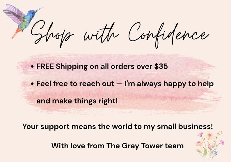 K&ouml;nnte beinhalten: Digitale Grafik mit dem Text "Shop with Confidence" und einem Aquarell-Kolibri. Der Text enth&auml;lt auch "KOSTENLOSER Versand" und eine Nachricht &uuml;ber den Kundensupport. Der Hintergrund ist ein zartes Rosa.