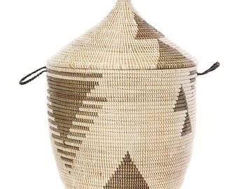 Short Hamper Basket with Pointed Lid | Black and White Triangles | African Baskets | Fair Trade