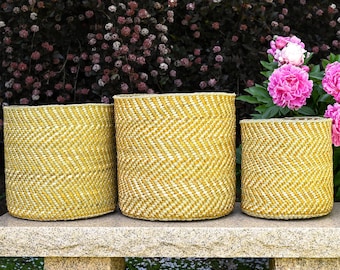Handmade Yellow Zigzag Iringa Basket: African Woven Storage