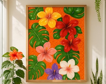 Retro Hibiscus Print | Vibrant Tropical Wall Art, Boho Decor