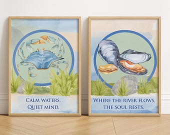 Oyster & Crab Watercolor Print Set | Coastal Nautical Wall Art | Beach House Digital Download