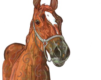 May include: A watercolor painting of a brown horse with a white star on its forehead. The horse is wearing a brown leather halter and has a light brown mane and tail.