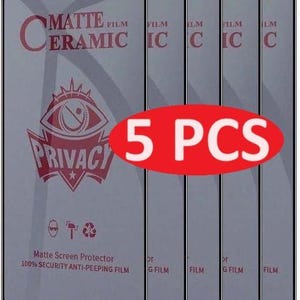 May include: Five matte ceramic privacy screen protectors for a phone. The screen protectors are dark gray with the words "MATTE CERAMIC" and "PRIVACY" in red. The red oval says "5 PCS".