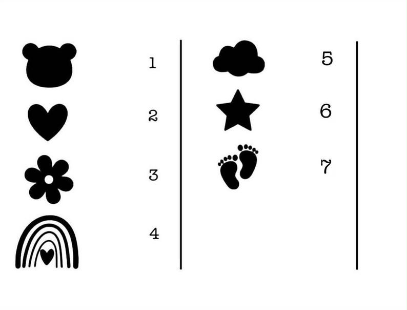 K&ouml;nnte beinhalten: Schwarz-Wei&szlig;-Illustrationen verschiedener Formen, darunter ein B&auml;renkopf, ein Herz, eine Blume, ein Regenbogen, eine Wolke, ein Stern und Babyf&uuml;&szlig;e. Die Formen sind in zwei Spalten angeordnet.