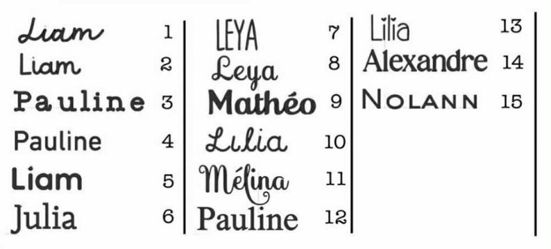 K&ouml;nnte beinhalten: Schwarz-wei&szlig; Grafik mit einer Liste von Namen. Die Namen sind Liam, Pauline, Julia, Leya, Math&eacute;o, Lilia, Alexandre und Nolann. Die Namen sind in verschiedenen Schriftarten dargestellt.