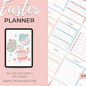 May include: A printable Easter planner with 52 pages in five different sizes. The planner is available in a digital version with hyperlinks. The cover features a colorful illustration of Easter eggs with the text "My Easter Planner".