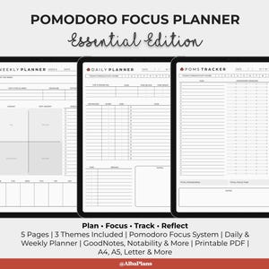 May include: Three digital tablet screens displaying a Pomodoro Focus Planner Essential Edition. The screens show a weekly planner, a daily planner, and a poms tracker with black text on white backgrounds, featuring task lists and time blocks.