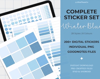 Digital Stickers Note-Taking | 200+ Winter Blue Sticker Set | GoodNotes + PNG | Sticky Notes, Label & Tag for Planners, Journals, Studying