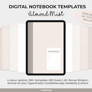 May include: Digital notebook templates in an almond mist color scheme. The templates include a variety of paper styles, such as lined, grid, and blank. The templates are designed for use with GoodNotes, Notability, and other note-taking apps. The templates are A4 size and include 80 covers and 40 bonus stickers.