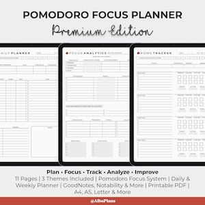 Può includere: Un pianificatore digitale Pomodoro Focus Planner Premium Edition con tre schermi di tablet che mostrano modelli per la pianificazione giornaliera, l'analisi della concentrazione e il monitoraggio, con testo nero su sfondo bianco e sezioni per le attività.