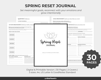 Può includere: Un diario digitale e stampabile Spring Reset con 30 pagine e 2 copertine. Il diario include suggerimenti per definire obiettivi, riconnettersi con le emozioni e crescere intenzionalmente. La copertina presenta un design a fiore di loto e il testo "Spring Reset Journal".