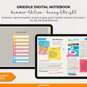 May include: Digital notebook titled "Griddle Digital Notebook Summer Edition - Sunny & Bright." The image shows two tablets displaying notebook pages with colorful sections, grid templates, and realistic textures. Includes 56 free bonus stickers. A4, A5, and GN standard sizes.