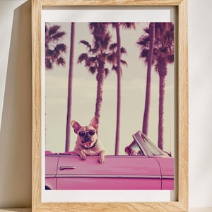 Impresión digital de bulldog francés, arte mural de coche rosa vintage, estética de South Beach, descarga instantánea, arte mural de bulldog francés, impresión de perro retro