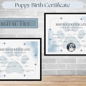 Geboorteakte puppy - bewerkbare digitale download, aangepaste Brith-certificaat, gepersonaliseerd huisdier aandenken-puppycadeau