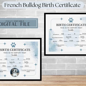 Certificado de nacimiento de bulldog francés: descarga digital editable, certificado personalizado para perro, recuerdo personalizado para tu mascota, regalo de bulldog francés.