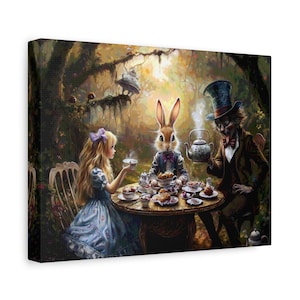 Alice at the Mad Tea Party LiteraryVisuals Whimsical Canvas Art, Enchanted Tea Party Scene, Alice in Wonderland Inspired, Vintage Charm